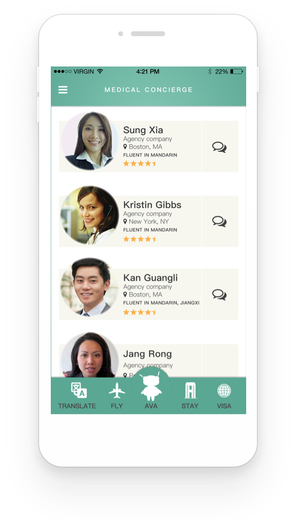Three people are listed with their names, locations, and fluency in Mandarin.